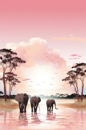 Elephants walking across the water at sunset, AIの素材