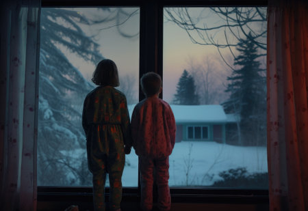 Two children stand in front of a window looking out at a snowy scene. AIの素材