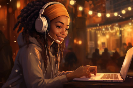 A woman with headphones and headphones working on her laptop. AIの素材