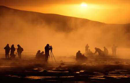 People are standing around a hot spring at sunset. AIの素材