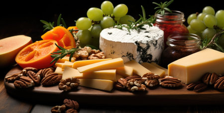Cheese, grapes, nuts and cheese on a wooden board, AIの素材