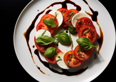A plate of tomatoes and mozzarella on a black background, AIの素材