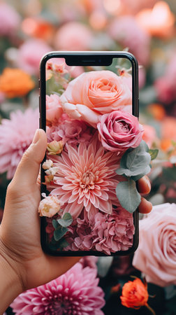 A person taking a picture of flowers with a cell phone, AIの素材