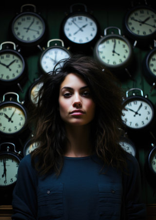 A woman with dark hair on multiply clock defocused background, AIの素材