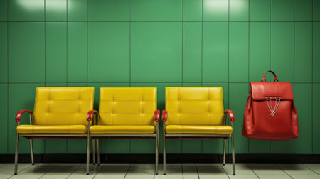A red backpack sitting on a chair next to three yellow chairs, AIの素材