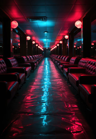 A long hallway with red and blue lights, AIの素材