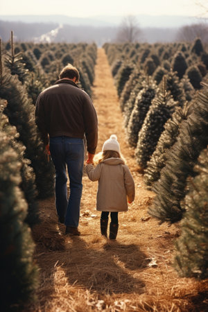 A man and a little girl walking through a christmas tree farm, AIの素材