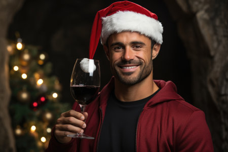 A man in a santa hat holding a glass of wine, AIの素材