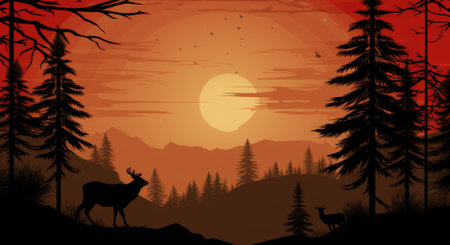 A silhouette of a deer and a tree in the forest, AIの素材
