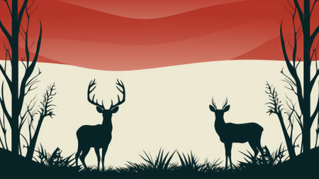 Deer in the forest with red sky background, AIの素材