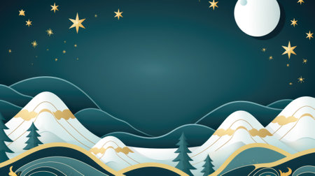 Winter landscape with snow covered mountains and stars, AIの素材
