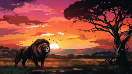 Lion in the sunset landscape, illustration, AIの素材