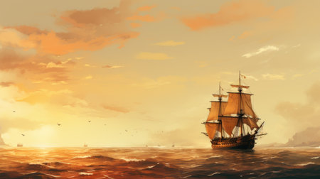 A painting of a ship sailing in the ocean, AIの素材