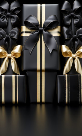Black gift boxes with gold ribbons and bows on a black background, AIの素材