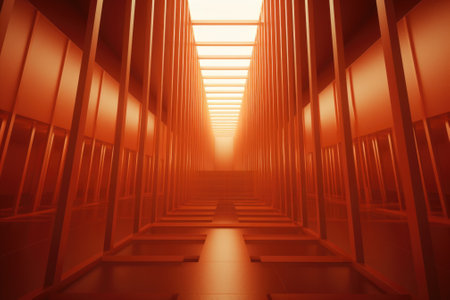 A hallway with orange walls and a light at the end, AIの素材