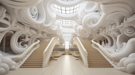 A large white building with stairs and a spiral staircase, AIの素材