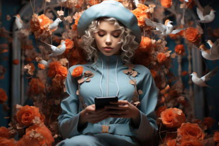 A woman in a blue dress and hat is using her phone, AIの素材
