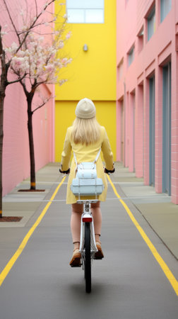 A woman riding a bike down a yellow street, AIの素材