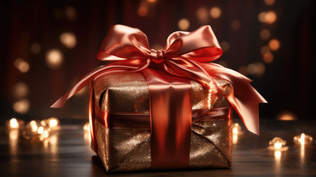 A red gift box with a bow and ribbon on a wooden table, AIの素材