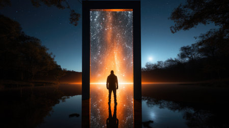 A person standing in front of a portal at night, AIの素材