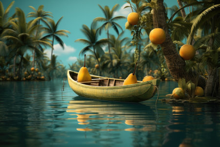 A boat with pears aboard is floating in the water near a tropical island, AIの素材