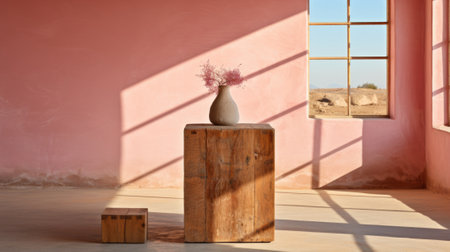 A pink wall with a vase and a wooden block, AIの素材