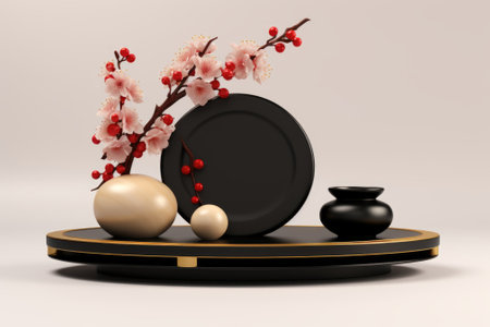 A black vase with flowers and a vase with red berries, AIの素材