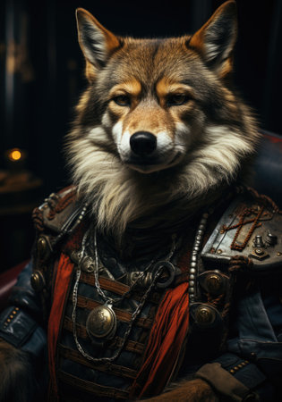 A wolf wearing a medieval costume and a chain, AIの素材