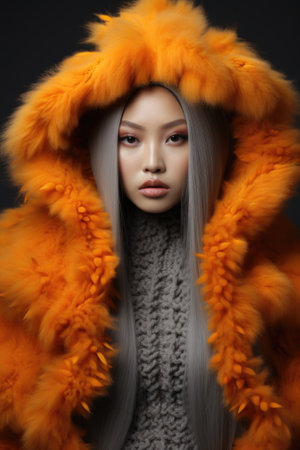 A young asian woman in an orange fur coat, AIの素材