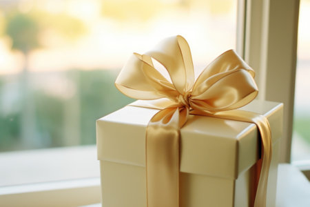 Gift box with ribbon and gold bow on window sill, AIの素材