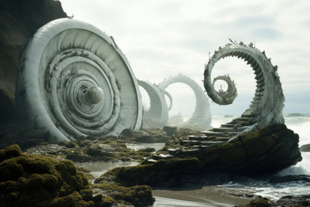 A large spiral sculptures on the beach, AIの素材