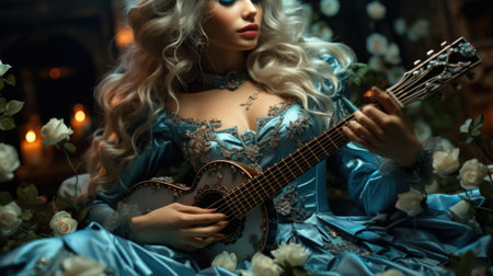 A beautiful woman in a blue dress playing an acoustic guitar, AIの素材