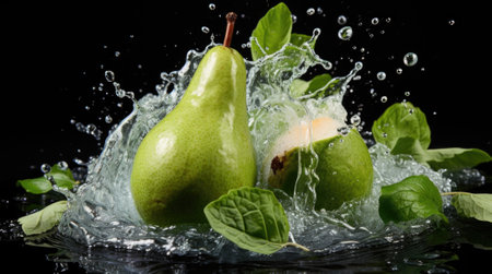 Two pears are splashing in water with leaves, AIの素材