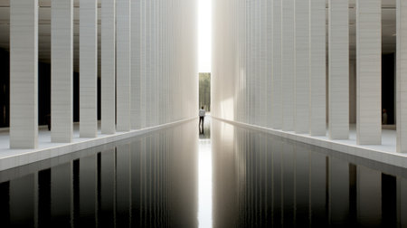 A person walking through a long hallway with water, AIの素材