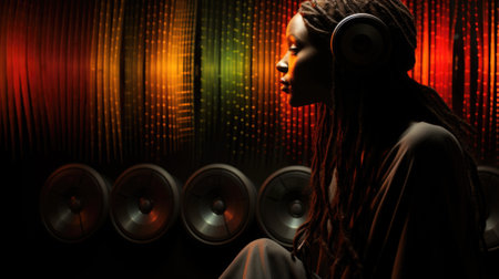 A woman with headphones and a microphone, AIの素材