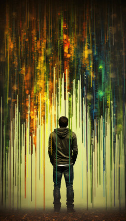 A man standing in front of a colorful line, AIの素材
