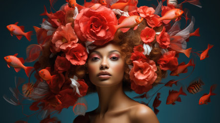 Beautiful african woman with red flowers and fish, AIの素材