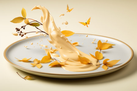 A plate with yellow liquid and leaves on it, AIの素材