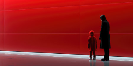 A man and a child standing in front of a red wall, AIの素材