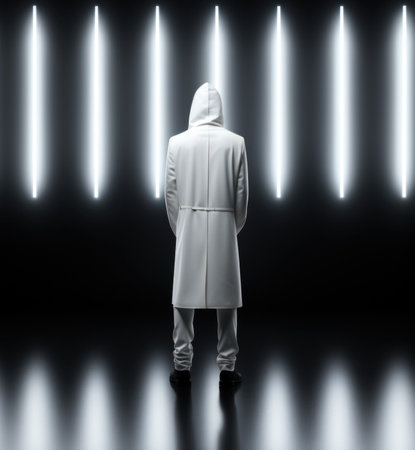 A man in a white coat standing in front of a spotlight, AIの素材