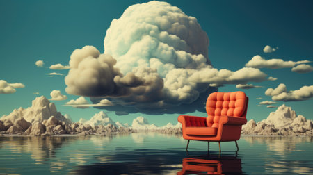 A chair sitting in front of a cloud with a mountain in the background, AIの素材