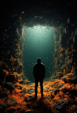 Man standing in the dark looking at the entrance to a cave, AIの素材