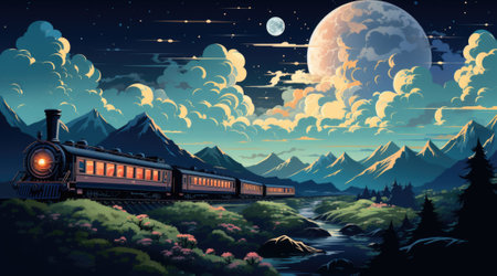 A steam train traveling through the mountains at night, AIの素材