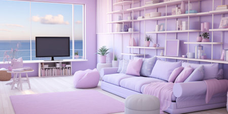 A living room with a purple couch and a television, AIの素材