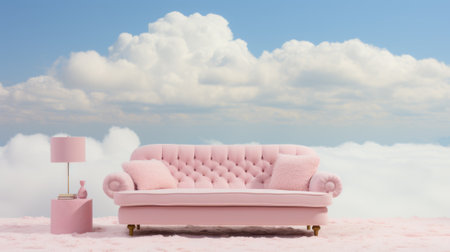 A pink couch and lamp sitting on a pink carpet, AIの素材