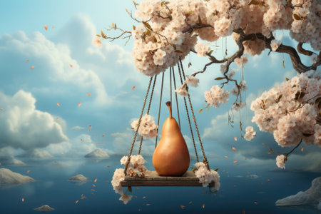 A pear is sitting on a swing in front of a tree, AIの素材