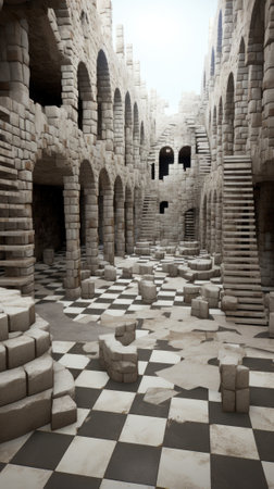 A room with a checkered floor and stairs, AIの素材