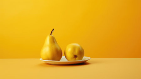 Two pears on a plate on a yellow background, AIの素材