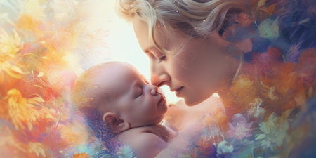 A woman holding a baby in her arms with a flowery background, AIの素材