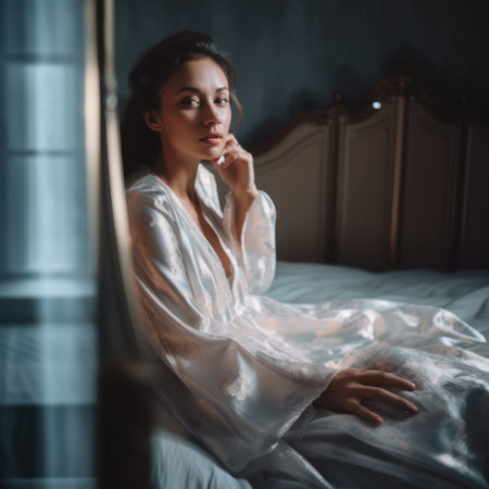 A woman in a robe sitting on a bed, AIの素材